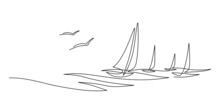 Yachts On Sea Waves. Seagull In The Sky. Draw One Continuous Line. Vector Illustration. Isolated On White Background