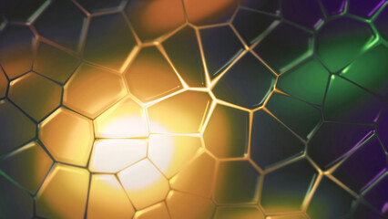 Poster - Abstract digital futuristic surface with transforming hexagons. Motion. Yellow glowing circle surrounded by green and purple flares with spinning hexagons.