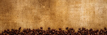 Line Brown Background Texture With Coffee Border Frame. Grunge Texture With Roasted Beans And Space For Advert