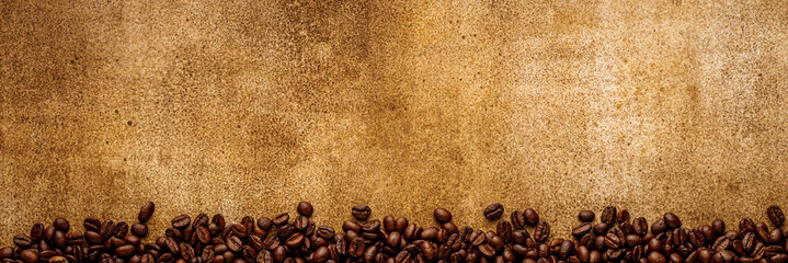 Wall Mural - Line brown background texture with coffee border frame. Grunge texture with roasted beans and space for advert