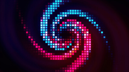 Poster - Swirling colorful pixelated retro background, seamless loop. Motion. Squared screen with spreading like tornado into all the sides.