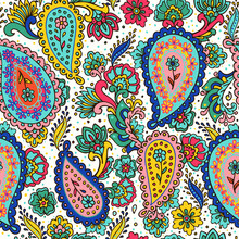 Colorful Paisley Print. Abstract Psychedelic Buta Seamless Pattern . Traditional Indian Boteh Ornamental Textile Design. Hand Drawn Vector Background.