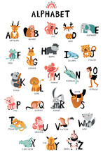 Cute Animals Alphabet For Kid's Education. Isolated Capital Letters With Related Scandinavian Style Birds, And Mammals. Childish Font For Kids ABC Book Symbols Pack