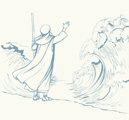 Wall Mural - Moses with the staff at the sea. Vector drawing