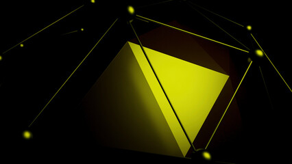Poster - Black background.Design. A dark green cube in 3d on top trimmed with lines and circles in abstraction.