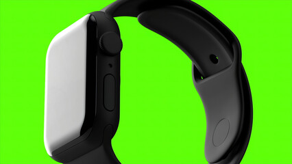 Poster - Green bright background. Motion. Apple watches in black that are buttoned are made in abstraction.