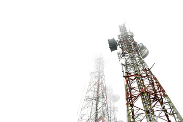 View looking up at telecommunication masts tailing off into the mist. Microwave link and TV transmitter towers. No people, white background.