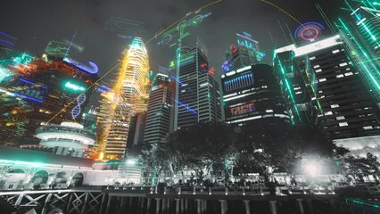 Wall Mural - smart city concept with abstract infographics. artificial intelligence technology, digital city, dat