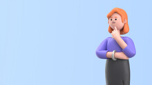 3D Illustration Of  A Thinking Businesswoman Ellen Pondering Making Decision. Portraits Of Cartoon Characters Solving Problems, Feeling Concerned Puzzled Lost In Thoughts. 