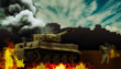 Illustration on a war theme. Burning city, tank and soldier, dramatic scene