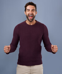 Poster - Now thats worth celebrating. Studio shot of a handsome young man cheering against a gray background.