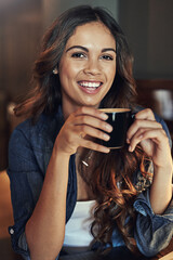 Aufkleber - Oh look, its coffee o clock. Portrait of a relaxed young woman enjoying a cup of coffee in a coffee shop.