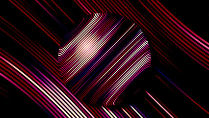 Poster - Abstract planet in outer space in pink colors, seamless loop. Motion. Spinning sphere with glowing stripes.