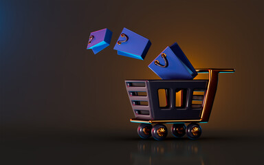 online shopping sale icon on dark background 3d render concept for marketing banner design