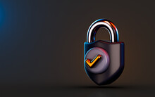 lock icon with check mark badge on dark background 3d render concept for cyber safety protection 