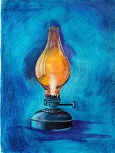 Watercolor Hand-drawn Illustration Of Kerosene Lamp On Blue Background