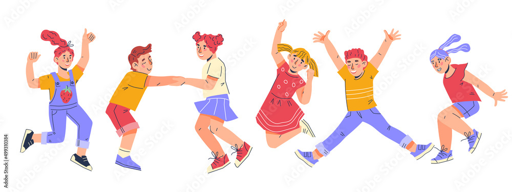 Happy cheerful children jumping for joy. Kids boys and girls laughing ...