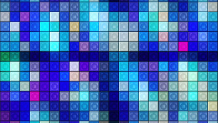 Poster - Abstract background of colorful mosaic wall with blinking flat shapes, seamless loop. Motion. Randomly moving surface with rows of squares.