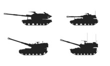 Self-propelled Armored Artillery Howitzer Set. Army Artillery Systems. Vector Icons For Military Concepts And Web Design