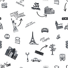 Handdrawn Cities Famous Landmarks In Seamless Pattern
