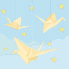 Poster With Origami Cranes On The Background Of The Night Sky And Stars. Clouds And Stars. Origami Birds On Ropes Under The Ceiling. Flat Vector. Gift Card. Sweet Dreams.