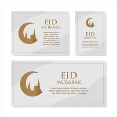 Simple eid mubarak greeting card collection with crescent moon and mosque