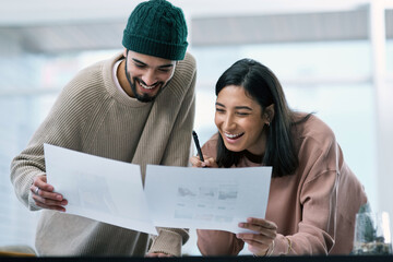 Poster - Businesses and marriages are grown with the same ingredient, teamwork. Shot of a young man and woman going though paperwork while working from home.