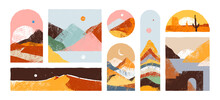 Big Set Of Abstract Mountain Landscape Collection. Trendy Hand Drawn Mural Art Backgrounds Of Diverse Travel Scenery Painting. Nature Environment, Coast Biome, Multicolor Hills, Desert Dunes.
