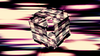 Poster - Abstract glowing cube covered by blinking digital tiles. Motion. 3D cubic shape with moving sides on shimmering rays background.