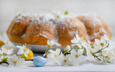 Easter cake, cherry blossoms on a light background