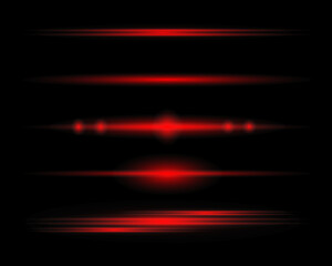 A set of red horizontal lines, highlights and flashes on a transparent background. Laser beams, horizontal light beams. Glowing abstract glitter background with lined.