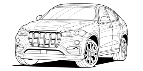 Wall Mural - Coloring page contouring for book and drawing. Concept vector illustration. Offroad drive vehicle. Graphic element. Car wheel. Black contour sketch illustrate Isolated on white background.