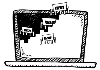 Fototapete - Cartoon style doodle of notebook infected by virus. Hand drawn vector illustration.