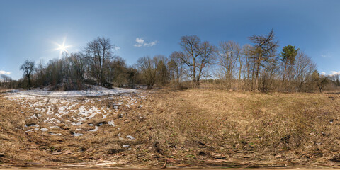 Wall Mural - full spherical 360 hdri panorama view on edge of winter forest in equirectangular projection. VR AR content