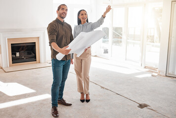 Poster - I can see it already. Shot of two young architects looking at building plans on site.