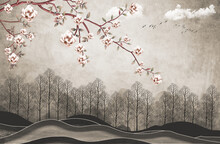 3d Mural Landscape Wallpaper. Birds In Branches Flowers, Forest Trees And Mountains.