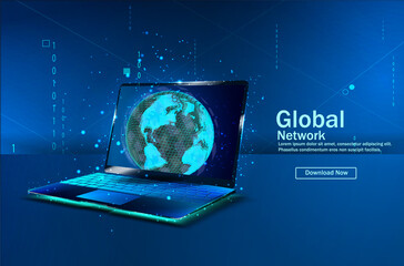 Poster - network. planet earth from space. flickering lights of cities. map of the mainland. global communica