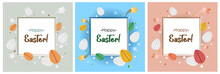 Set Of Vector Postcards "Happy Easter!" With Multicolor Easter Eggs In Paper Cut Style, Stars And Drops; The Holiday Postcards In Blue, Mint And Pink Colors