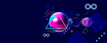 Dark Retro Futuristic Art Neon Abstraction Background Cosmos New Art 3d Starry Sky Glowing Galaxy And Planets Blue Circles