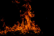 Fire Blaze Flames On Black Background. Fire Burn Flame Isolated, Abstract Texture. Flaming Explosion Effect With Burning Fire.