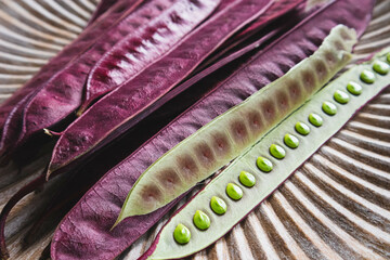 Wall Mural - Pile of purple Guaje pod seeds on a plate in Oaxaca Mexico. There is an open pod with seeds inside.