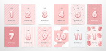 Set Of Cute Baby Girl Monthly Milestone Invitation Cards With Numbers In Pastel Colors For Baby Shower Party And Gifts With Pink Background. Baby's First 12 Month Anniversary Card. Vector Illustration