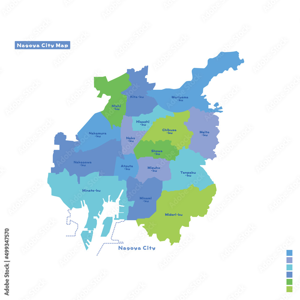 名古屋市行政区・名古屋市地図雨の日カラーで色分けしてみた（英語版） 素材庫向量圖| Adobe Stock