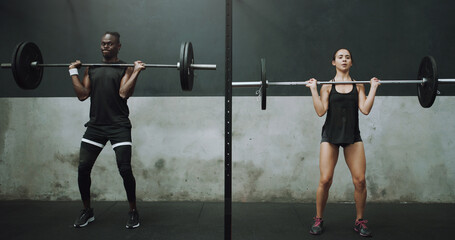 Poster - Youve got this. Shot of a young man and woman doing an overhead press with a barbell in a gym.