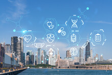 City View, Downtown Skyscrapers, Chicago Skyline Panorama, Lake Michigan, Harbor Area, Day Time, Illinois, USA. Health Care Digital Medicine Hologram. The Concept Of Treatment And Disease Prevention