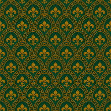 Fleur De Lys Seamless Pattern. Vector Background In Gold And Green Color.