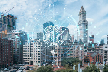 Financial downtown city view panorama of Boston from Harbor area at day time, Massachusetts. Hologram of Artificial Intelligence concept. AI and business, machine learning, neural network, robotics