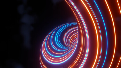 Wall Mural - 3d render of flash neon and light glowing on dark scene. Speed light tunnel through the city or urban. Technology internet of future network. Sci fiction of hyperspace interstellar travel.