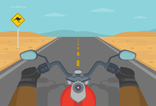 Motorcycle Riding Trip Through The Australian Desert. Hands Holding A Classic Motorcycle Handlebar. Empty Highway View. Flat Vector Illustration Template. 