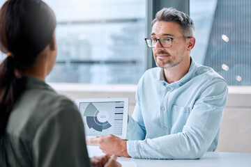 Poster - Looking at patterns between data points. Shot of a mature businessman speaking to a colleague while analysing graphs on a digital tablet in an office.